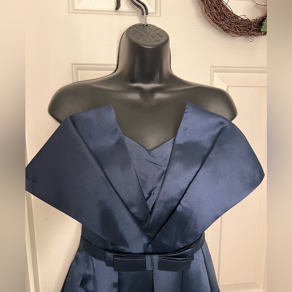 MANIJU Navy blue prom bridesmaid bow tube formal party lined maxi dress size s - Picture 3 of 10